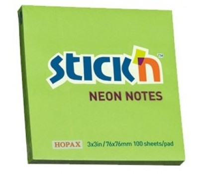 Lipnūs lapeliai Stick`N  76x76mm 100lap.neoninės žalios sp.100lap.